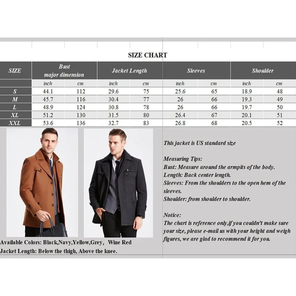 Men's Yellow1 Wool Blend Coat Warm Winter Trench Coat With Detachable Soft Scarf